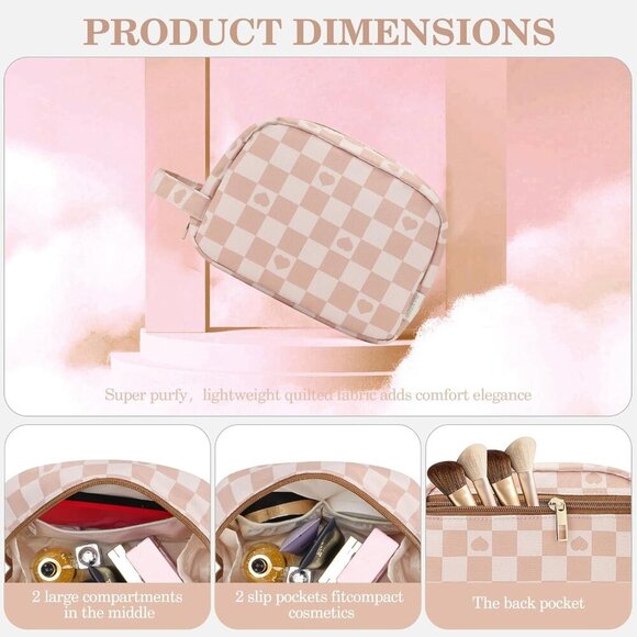 Small Personalized Make up Bag With Checkered Makeup Travel Bag Wide-open Pouch - Picture 4 of 7